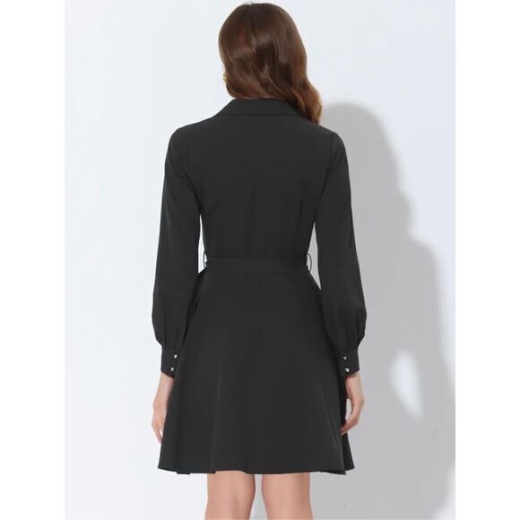 NWT Allegra K Elegant Notched Lapel Collar Tie Waist Long Sleeve Shirt Dress - M - Picture 2 of 3